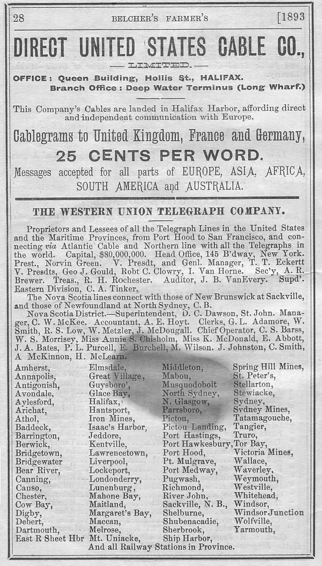 82 Western Union Telegraph offices in Nova Scotia in 1893