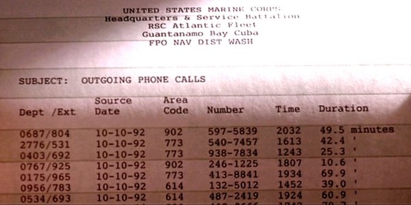 Screen capture from movie "A Few Good Men" area code 902 (Nova Scotia)