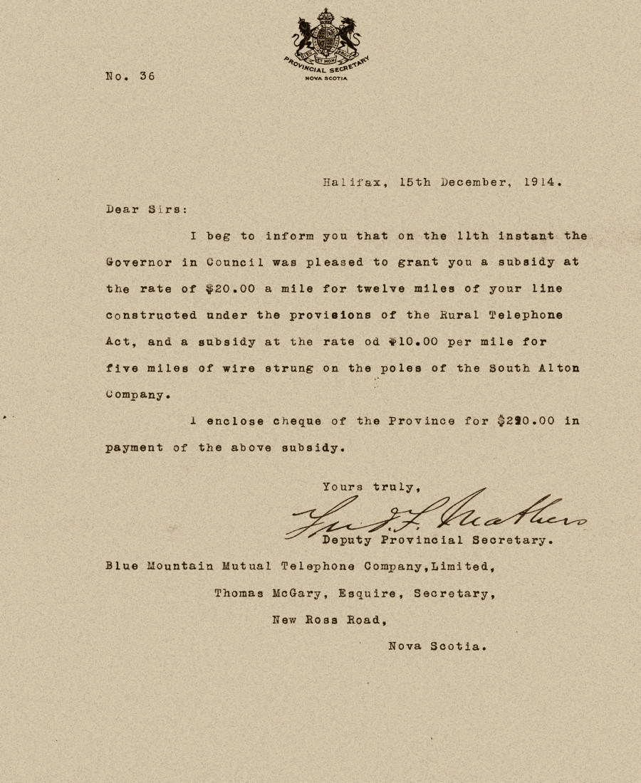 Nova Scotia: Blue Mountain Mutual Telephone Company, 15 Dec 1914