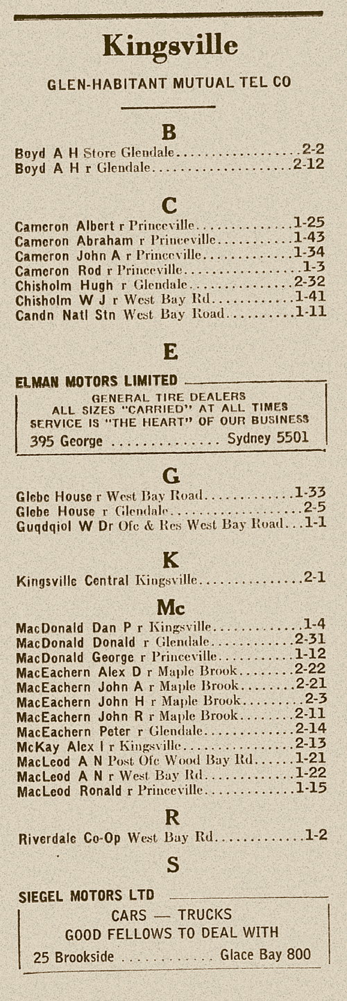 Nova Scotia: Glen-Habitant Mutual Telephone Company directory, 1952