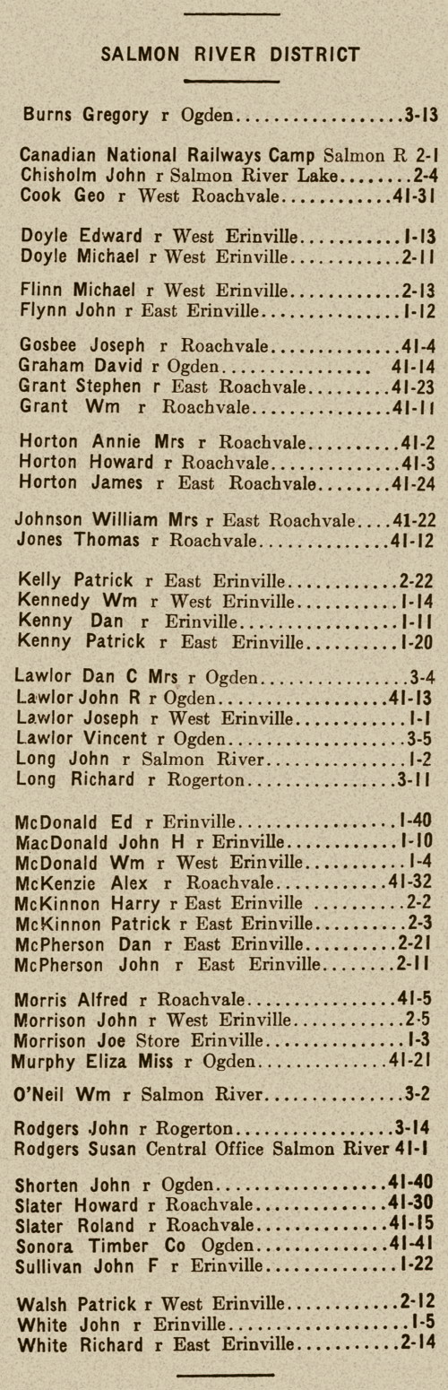 Nova Scotia: Salmon River Mutual Telephone Company directory, 1933