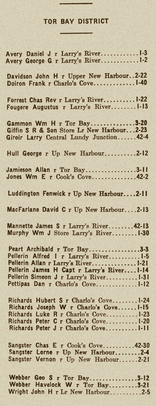 Nova Scotia: Tor Bay Mutual Telephone Company directory, 1933