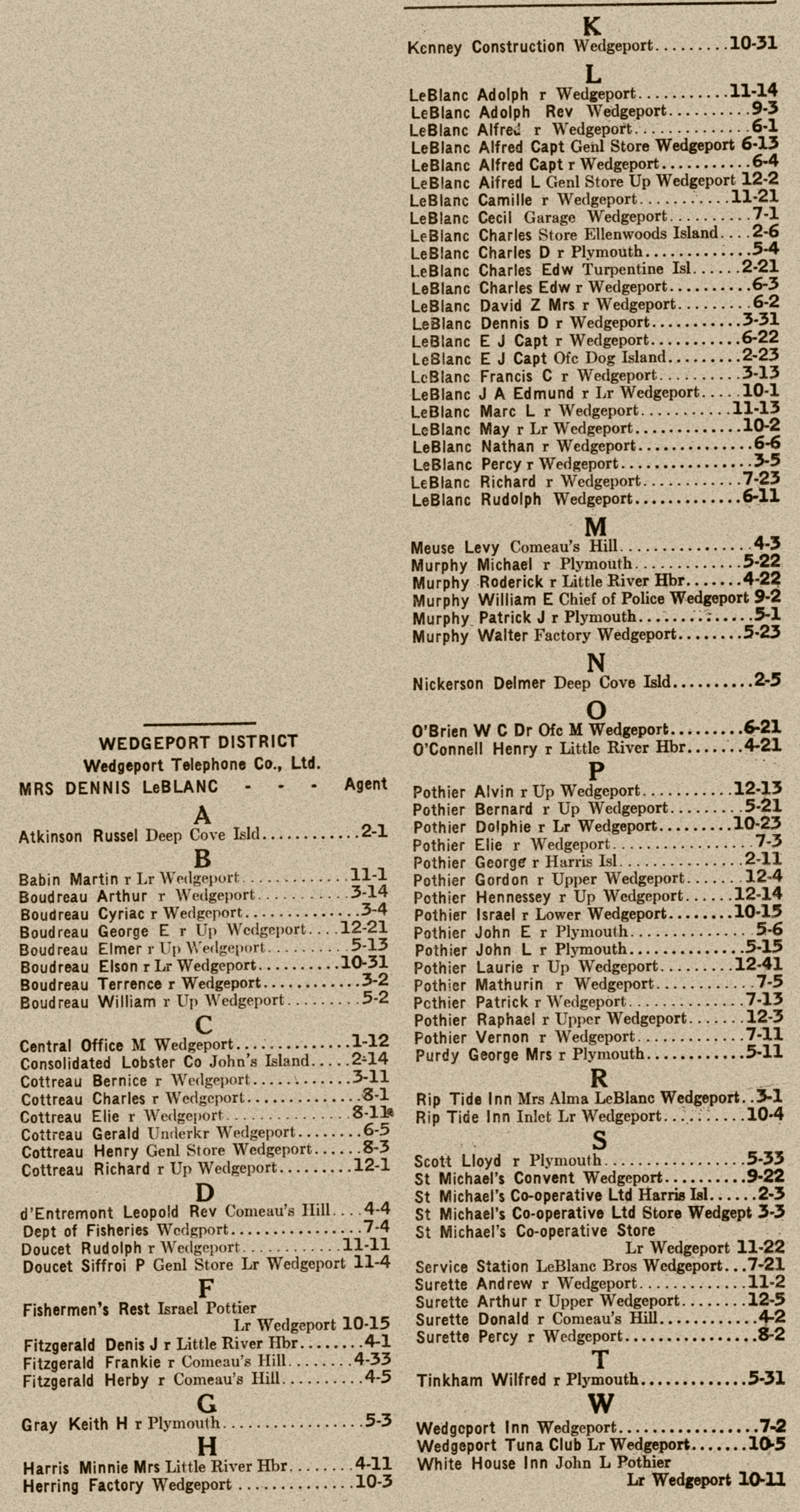 Nova Scotia: Wedgeport Telephone Company directory, 1956
