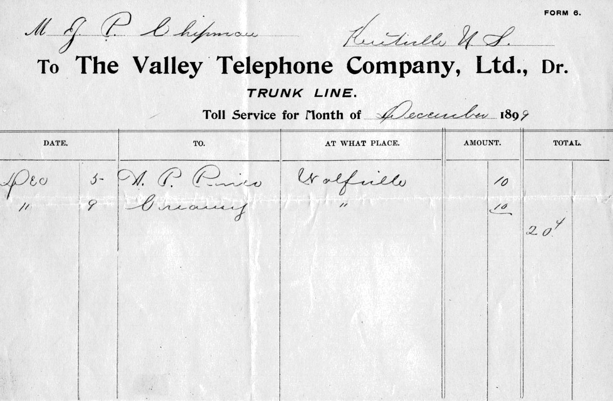Nova Scotia: Valley Telephone Company bill, 1899