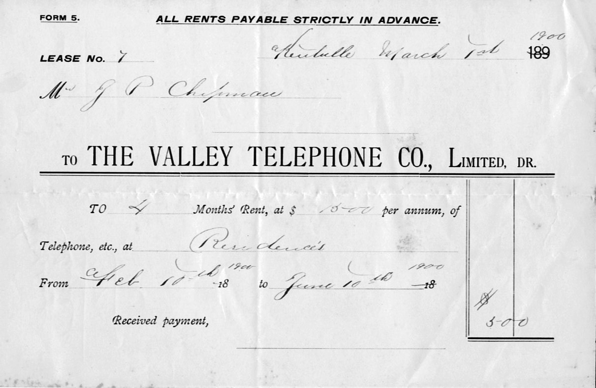 Nova Scotia: Valley Telephone Company bill, 1900