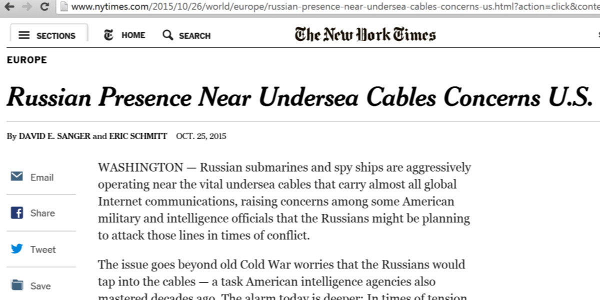 Undersea Cables in Recent News, New York Times, 25 October 2015